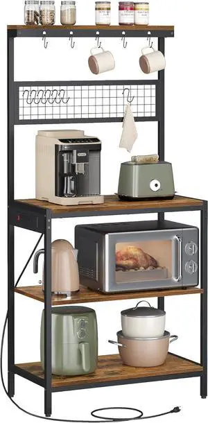 VASAGLE Bakers Rack with Charging Station, 31.5 Inches Coffee Bar Stand with Adjustable Storage Shelf, Grid Panel, 12 Hooks, Table for Microwave, Kitchen, Rustic Brown and Ink Black UKKS016K01