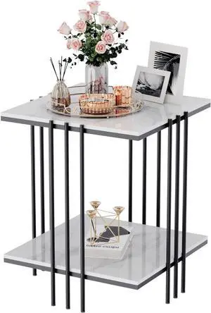 Wisfor Sintered Stone End Table: 2 Tier Square White Sofa Side Table - Small Coffee Table with Black Frame - Modern Bedside Nightstand for Living Room Bedroom