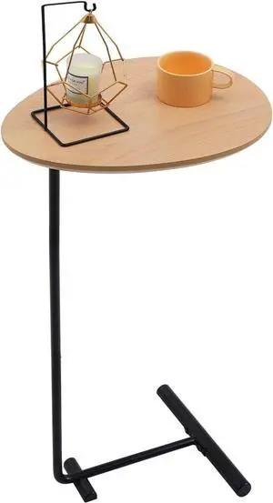 PHOENANCEE Couch Table,C Shaped End Table,Sofa Side Table Slide Under for Living Room Bedside Bathroom Rustic Laptop Snack Coffee Table,Egg Oval-Shaped,Metal Frame,Easy Assembly,Natural Wood