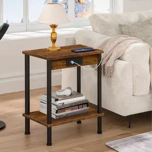 End Table with Charging Station,Small Side Table,2-Tier Nightstand with Storage Shelf,Sofa Bedside Table for Small Spaces in Living Room,Bedroom,Office,Easy Assembly,Rustic Brown