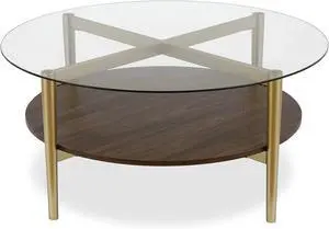 Otto 36'' Wide Round Coffee Table with MDF Shelf in Gold/Walnut