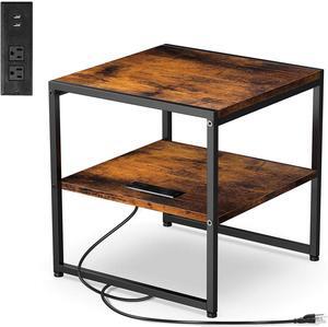 Tatub 20" End Table with Charging Station, Industrial Square Side Table with USB Ports & Outlets, Versatile 2-Tier Small Nightstand for Bedroom Living Room, Rustic Brown