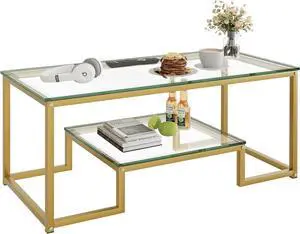 Coffee Table Gold Glass Coffee Table for Living Room,2 Tiers Rectangle Center Table with Sturdy Metal Frame,Modern Tempered Glass Accent Table for Bedroom Home Office