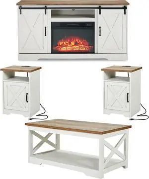 AMERLIFE 5-Piece Farmhouse Table Set Includes Fireplace TV Stand, Coffee Table& Two End Tables with Charging Station and USB Ports, for Living Room, Distressed White, 59"