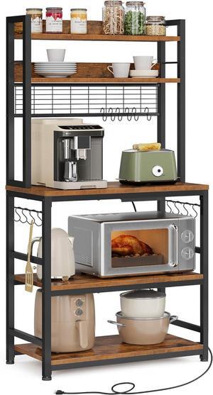 VASAGLE Hutch Bakers Rack with Power Outlet, 14 Hooks Microwave Stand, Adjustable Coffee Bar with Metal Wire Panel, Kitchen Storage Shelf, 15.7 x 31.5 x 66.9 Inches, Rustic Brown and Black UKKS025B01