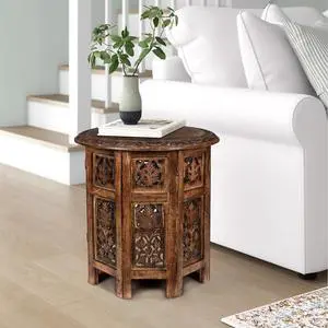 Handcrafted Wooden Round Side Table - Farmhouse Coffee Table, Vintage Accent End Table with Intricate Carvings for Living Room, Bedroom, Entryway, Hallway, Patio Décor, Home & Office - 18 Inch Burnt