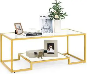 Tangkula Rectangular Glass Coffee Table, 45" Wide Modern Tempered Glass Center Table with Golden Steel Frame, 2 Tier Accent Table for Living Room Home Office (Gold, 45'' Wide)