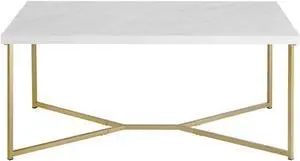 Walker Edison Mid Century Modern Marble Gold Rectangle Coffee Table Living Room Accent Ottoman Storage Shelf, 42 Inch, Marble and Gold