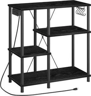 HOOBRO Bakers Rack with Power Outlet, Microwave Stand with 5 S-Shaped Hooks, Coffee Bar, Kitchen Storage Shelf, for Kitchen, Living Room, Black BB07UHB01