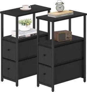 TUTOTAK Small Narrow End Table, Set of 2, Side Table, Nightstand with 2 Cloth Drawers, Couch Table, for Living Room, Bedroom, Bedside, Black TB01BK054