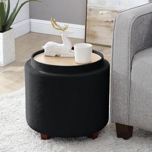 Ornavo Home Lawrence Round Storage Ottoman with Lift Off Lid and Tray Lid Coffee Table, Ottoman with Storage for Living Room, Bedroom and Office, Velvet Black
