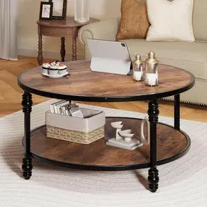 GAOMON Round Coffee Table Living Room 34.25in Rustic Circle Center Table with Storage Shelf 2-Tier Modern Wood Coffee Table, Easy Assembly(Brown)