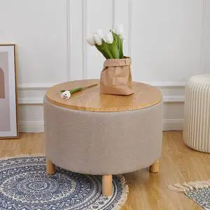 Simple&Opulence Modern Round Storage Coffee Table Ottoman for Living Room Bedroom, Accent Drum Side Table, Nightstand, Footstool, Sofa End Table with Wood Lid Tray and Solid Wood Legs (Beige)
