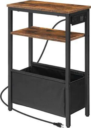 HOOBRO Small Narrow Side Table, Skinny End Table with Charging Station, Extra Slim Nightstand with Storage for Small Spaces, Thin End Table for Living Room, Rustic Brown and Black BF125UBZ01