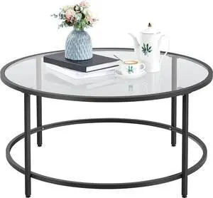 Topeakmart Modern Glass-Top Coffee Table Sofa Table, 36in Round Accent End Table for Living Room,Office, Apartment, Small Space, Home Décor-Black