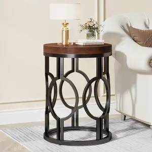 Tribesigns Round End Table, Industrial SideTable with Metal Hollow Frame, Small Bedside Table Nightstand for Living Room, Bedroom, Easy Assembly (Rustic Brown,1PC)
