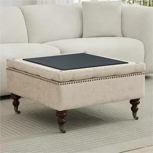 Large Square Storage Ottoman Uphlostered Tufted Button Coffee Table, Oversized Footrest Bench with Castered Rolling Wheels for Living Room, Light Brown Chenille Waterproof