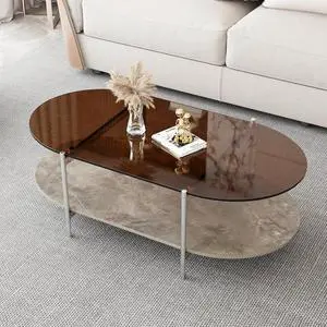 jiexi Tempered Glass & MDF Wood Coffee Table, 2-Tier Modern Side Table with Storage Space, Center Table for Home, Office, Living Room