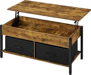 Topeakmart Lift Top Coffee Table with Hidden Compartment, Separated Open Shelves and 2 Fabric Storage Baskets, Modern Central Table for Living Room, Rustic Brown