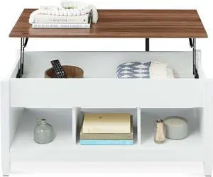 Best Choice Products Lift Top Coffee Table Hidden Storage Coffee Table, Wooden Dining Coffee Table, Accent Table Furniture for Living Room, Display Shelves - White/Brown