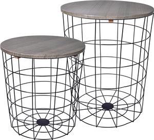 Elevon Nesting Table End Table Wire Basket Base with Wood Tops Side Table Set of 2, Gray