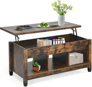 KOTEK Lift Top Coffee Table with Hidden Compartment & Open Shelves, Modern Coffee Table with Storage, Accent Table Lift-Top Table for Living Room, Reception Room (Rustic Brown)