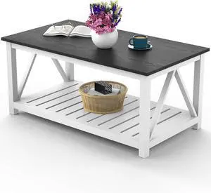 40" Farmhouse Coffee Table | Vintage Rustic Wooden Coffee Table with Lower Shelf for Living Room, Dorm, Office, Bedroom Center Table - Black