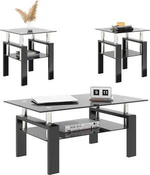 Living Room Tables Set,3 Piece Glass Coffee Table and End Tables Set with Tempered Glass Tabletop and Metal Frame for Living Room,Apartment, Small Space, Full Black