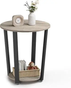 VASAGLE End Table, Round Side Table with Storage Shelf, Easy Assembly, Industrial Accent Furniture with Steel Frame, Heather Greige and Black ULET057B02