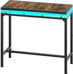 Bar Table with LED Lights, Counter Height Table, Bar Height Table, Pub Table, Gaming Table, Metal Frame, for Living Room, Dining Room, Pub, Rustic Brown and Black BT01DBR