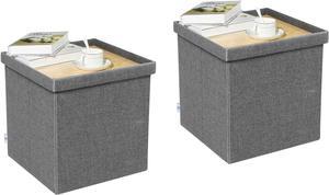 B FSOBEIIALEO Storage Ottoman with Tray, Linen Small Coffee Table Folding Foot Rest Seat Cube, Dark Grey 16"X15.7"x15" Double (2 Pack)