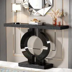 Tribesigns 43-Inch Mirrored Console Table with O-Shaped Base, Modern Entryway Table Glass Sofa Table with Mirror Finish, Rectangle Narrow Accent Foyer Table for Living Room Hallway Entrance (Black)