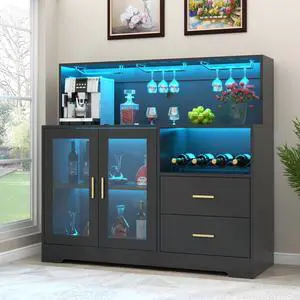Wine Bar Cabinet with LED Light, Home Coffee Cabinet with Wine and Glass Rack, Kitchen Buffet Sideboard with Storage Cabinet&Drawers, Modern Liquor Cabinet for Living Room Dining Room (Black)