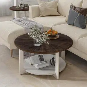 Round Wood Coffee Tables with Storage, Rustic Farmhouse Coffee Table with Distressed Wood Top, Large Circle Table for Living Room, Brown, 32Dx32Wx19.5H in