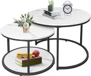 AT-VALY Coffee Table Set of 2 Nesting Tables,Round Side Table for Living Room, Small Accent Table with Storage (Black)