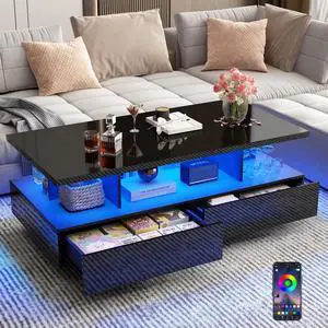 43in Large LED Coffee Table w/ 2 Big Storage Drawers,60,000-color Lights,App Control,High Glossy Modern Black Coffee Table,Rectangle 2-Tier Center Table w/Display Shelf for Living Room 43in Large LED Coffee Table w/ 2 Big Storage Drawers,60,000-color Lights,App Control,High Glossy Modern Black Coffee Table,Rectangle 2-Tier Center Table w/Display Shelf for Living Room