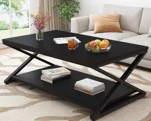 HSH Black Coffee Table Modern, 47 Inch Rectangle Cocktail Table with Storage Display Shelf, Minimalist Industrial Wooden and Metal Center Table for Living Room Office, Simple 2 Tier Oak Tea Table