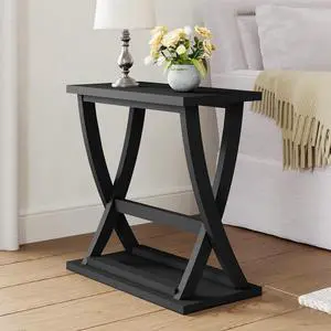 ChooChoo Black End Table, Narrow Side Table with Storage Shelf, Modern X-Design Slim End Table for Living Room,Bedroom, Small Space, 11.8" D*23.6" W*23.4" D.