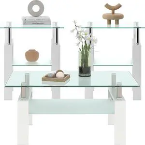 Glass Coffee Table Set of 3 Piece, Living Room Table Set of 3, White Coffee Table and End Coffee Table Sets, Metal Frame (White, Set of 3)