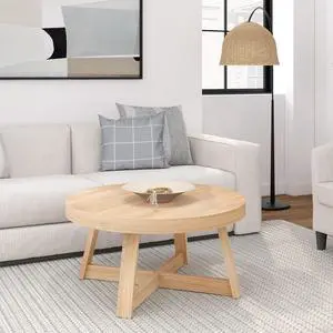 Plank+Beam Classic Round Coffee Table, 36 Inch Farmhouse Coffee Table, Rustic Mini Center Tables for Small Spaces, Small Living Space Tea Table, Blonde Wirebrush