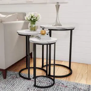Nesting Tables - Set of 3 Round Side Tables for Living Room, Bedroom, or Home Office - Faux Marble End Table Set - Modern Living Room Furniture by Lavish Home (White)