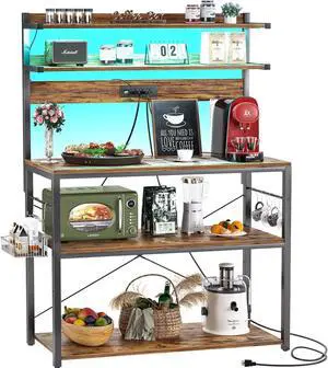 Aheaplus Bakers Rack with Power Outlet, Microwave Stand, 5 Tiers Coffee Bar Station with Led Lights, Kitchen Storage Shelf with 6 S-Shaped Hooks, Kitchen Rack Coffee Bar Stand, Rustic Brown
