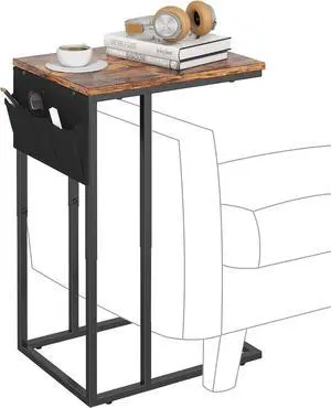C Shaped End Table for Couch, Small Couch Side Table for Sofa, C Side Table with Storage Bag, TV Tray Table for Living Room, Bedside Table for Bedroom, Snack End Table for Couch, Brown
