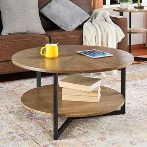 LEEMTORIG Round Coffee Tables for Living Room, 2 Tier Solid Wood Coffee Table with Storage, Circle Coffee Table with Black Metal Legs, 33.5 x 17.8 inches, Easy Assembly, Yellowish Brown, KFZ-1338