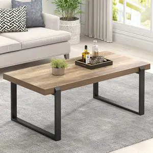 FOLUBAN Coffee Table, Modern Rustic Wood and Metal Center Table, Industrial Cocktail Tea Table for Living Room, Oak, 44 Inch