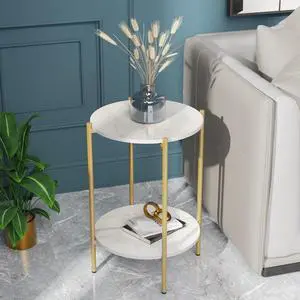 Wisfor Sintered Stone End Table: 2 Tier Round White Sofa Side Table - Small Coffee Table with Golden Frame - Modern Bedside Nightstand for Living Room Bedroom Wisfor Sintered Stone End Table: 2 Tier Round White Sofa Side Table - Small Coffee Table with Golden Frame - Modern Bedside Nightstand for Living Room Bedroom