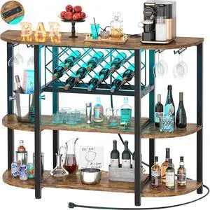 Unikito Wine Rack Table with Socket and LED Light, Floor Bar Cabinet for Liquor and Glasses, Wood Coffee Bar Table with Adjustable Wine Rack, FreeStanding Sideboard and Buffet Cabinet, Rustic
