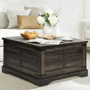 Wnutrees Farmhouse Coffee Table with Hinged Lift Top and Large Hidden Storage Compartment, Rustic Square Wood Central Table for Living Room, Home Office, Dark
