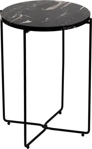 Real Natural Marble Top Metal Round Side End Table, Modern Lightweiht Bedside Small Coffee Table for Living Room Bedroom Small Space Black