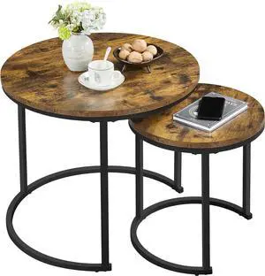 Topeakmart Industrial Round Nesting Coffee Table Set of 2, Circle Coffee Table Nested Sets Sturdy Stacking Table for Living Room Small Spaces Office, Easy Assemble, Rustic Brown